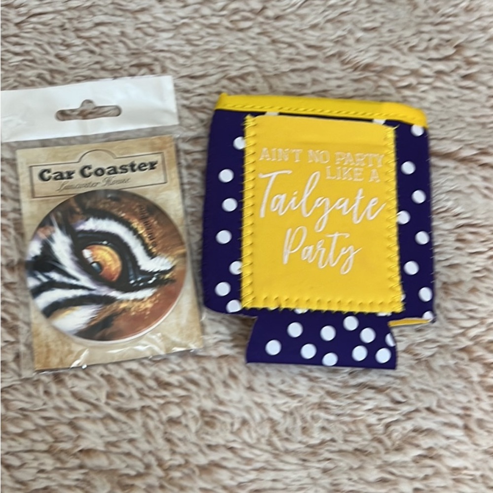 LSU car coaster and koozie